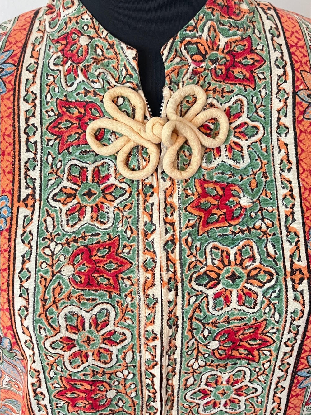 Vintage Maxi Caftan Robe Cotton Paisley Block Print 1970s Boho Hippie Kaftan - Picture 9 of 12